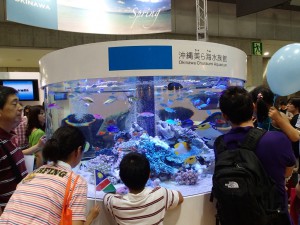 沖縄ブースにて （熱帯魚水槽は最近のお決まりです。）